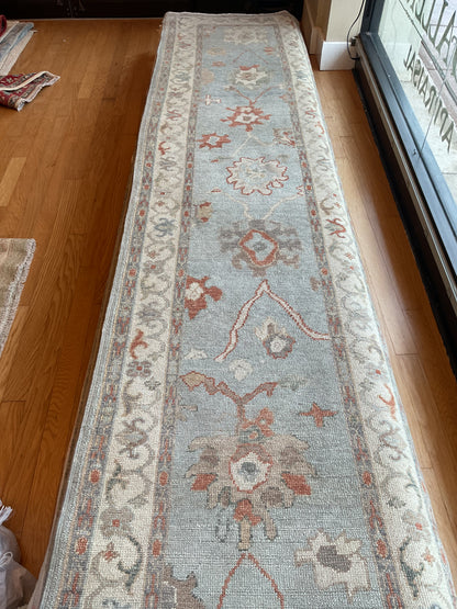 Turkish Oushak Runner, 3'1" x 13'6", in baby blue, ivory and rust
