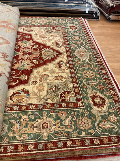 Pakistani Serapi Rug, 8' x 10'1", in beige, green, ivory and red