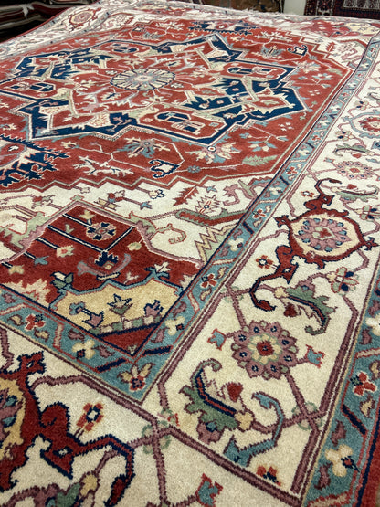 Indian Heriz Rug, 8'11" x 11'11", in ivory, navy, red and teal - photo 5