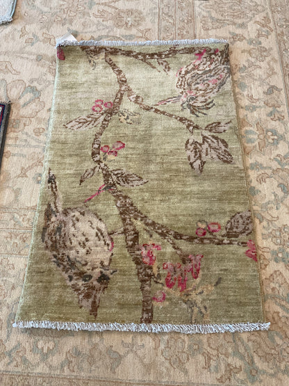 Pakistani Peshawar Rug, 1'10" x 2'9", in brown, pink and pistachio