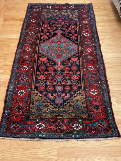 Antique Persian Kurdish Rug, 3'6" x 6'10", in blue, navy, olive and red