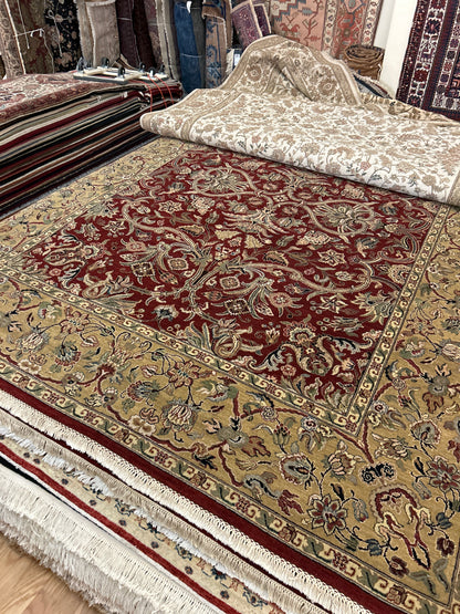 Indian Agra Jaipur Rug, 9'3" x 12'5", in burgundy, gold and ivory