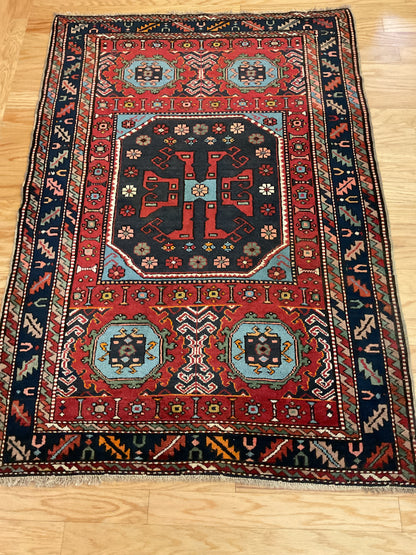Antique Turkish Melas Rug, 3'9" x 5'5", in baby blue, ivory, navy and red