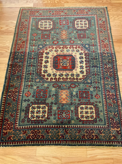 Antique Turkish Kazak Rug, 3'8" x 5'2", in cream, red, rust and teal - photo 2