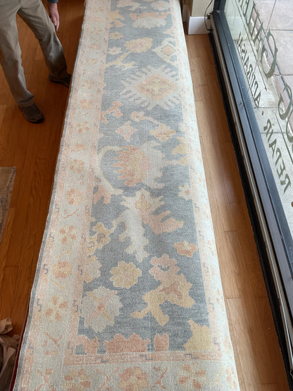 Turkish Oushak Runner, 3'1" x 11'9", in baby blue, ivory and peach