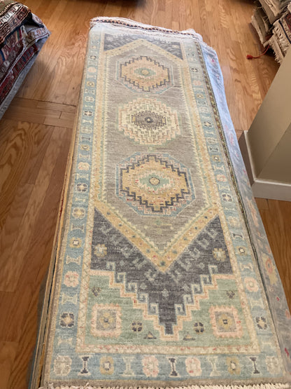 Afghan Oushak Runner, 2' x 6'5", in baby blue, beige, blue and grey - photo 4