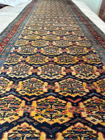 Antique Persian Bidjar Kurdish Runner, 3'4" x 17'11", in gold, navy, red and teal - photo 2
