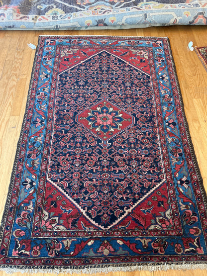 Antique Persian Hamadan Rug, 4'3" x 6'7", in blue, ivory, navy and red