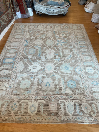 Afghan Oushak Rug, 9'10" x 13'6", in baby blue, brown, grey and ivory