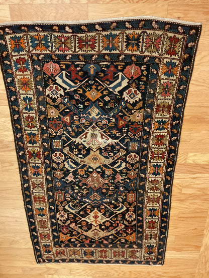 Antique Russian Kazak Rug, 3'5" x 5'7", in ivory, navy, orange and red