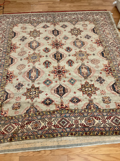 Afghan Kazak Rug, 9'6" x 9'9", in beige, grey, navy and red