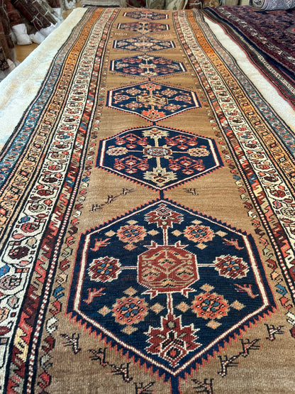 Antique Persian Kurdish Bidjar Runner, 3'7" x 14'7", in camel, ivory, navy and orange - photo 2