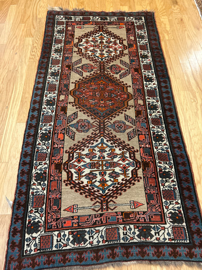 Antique Persian Kurdish Runner, 3'6" x 7'2", in beige, blue, brown and ivory