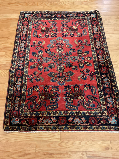 Antique Persian Sarouk Rug, 3'5" x 4'10", in blue, ivory, navy and red