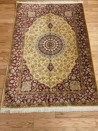 Persian Ghom Silk Rug, 3'4" x 4'11", in gold, red and yellow