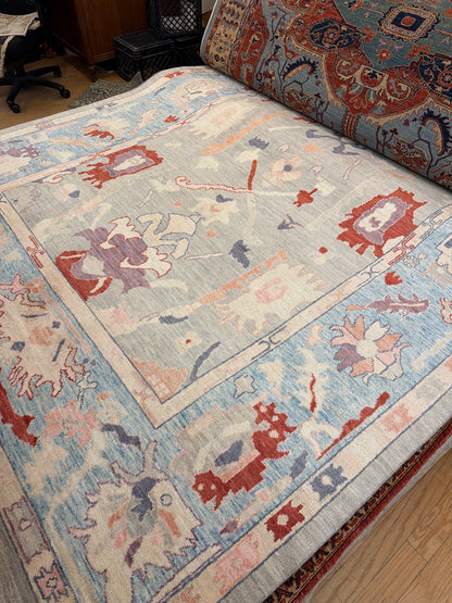 Afghan Oushak Rug, 8' x 10'1", in baby blue, grey, peach and red - photo 6