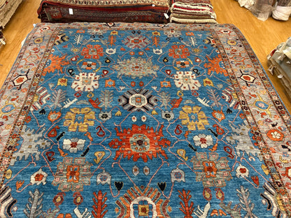 Afghan Serapi Rug, 8'11" x 11'4", in blue, grey, ivory and orange - photo 2