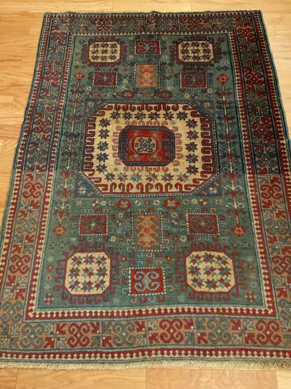 Antique Turkish Kazak Rug, 3'8" x 5'2", in cream, red, rust and teal