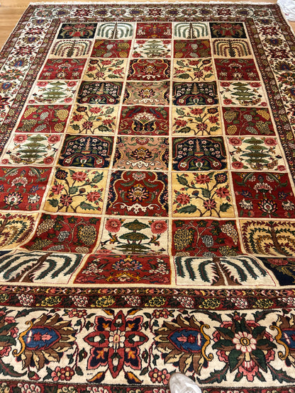Vintage Persian Baktarie Rug, 13'7" x 19'6", in gold, green, ivory and red