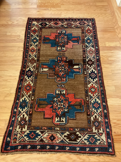 Antique Persian Kurdish Rug, 3'6" x 6', in blue, brown, ivory and navy