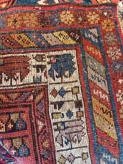Antique Persian Kurdish Runner, 3'6" x 14', in blue, gold, ivory and red