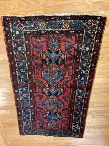 Antique Persian Lilian Rug, 3'6" x 5'10", in blue, brown, navy and red