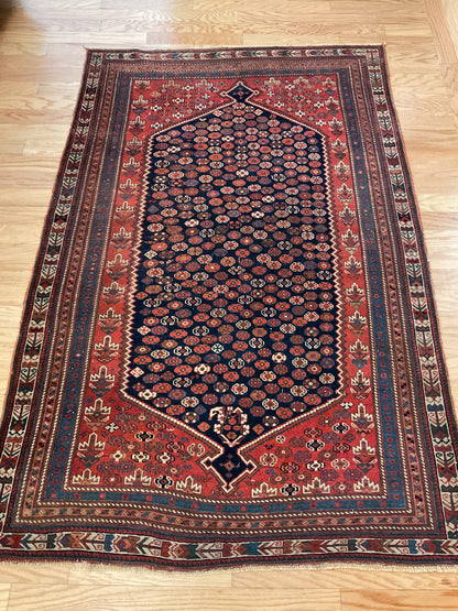 Antique Persian Afshar Rug, 4'1" x 6'4", in ivory, navy and red