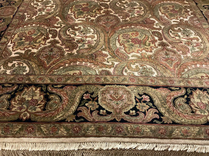 Indian Agra Jaipur Rug, 8'3" x 10', in black, green, ivory and rose