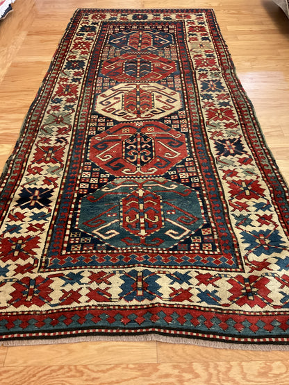 Antique Russian Kazak Rug, 3'7" x 7'10", in blue, ivory, navy and red - photo 2