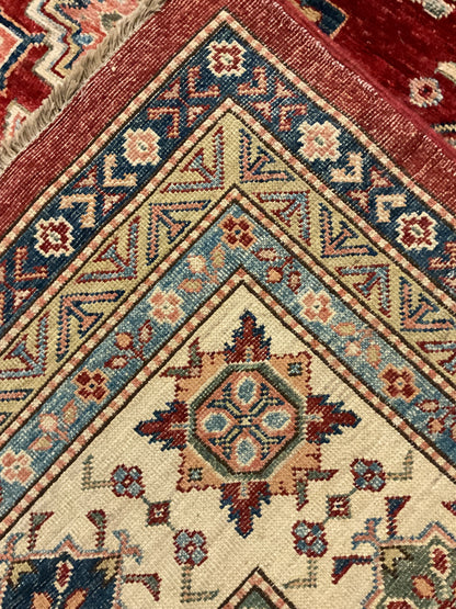 Afghan Kazak Rug, 8'8" x 8'10", in beige, blue, ivory and red - photo 2