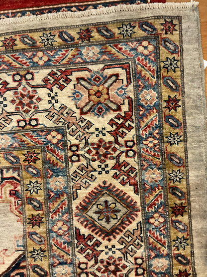 Afghan Kazak Rug, 9'6" x 9'9", in beige, grey, navy and red - photo 4