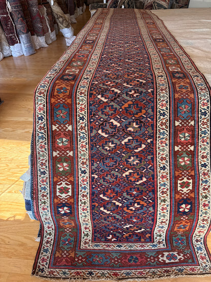 Antique Persian Kurdish Runner, 3'5" x 16'10", in beige, burgundy, gold and navy - photo 5