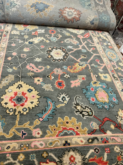 Indian Oushak Rug, 6' x 8'10", in blue, charcoal, gold and pink - photo 3