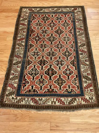 Antique Russian Kazak Rug, 3'5" x 5', in brown, ivory, navy and salmon