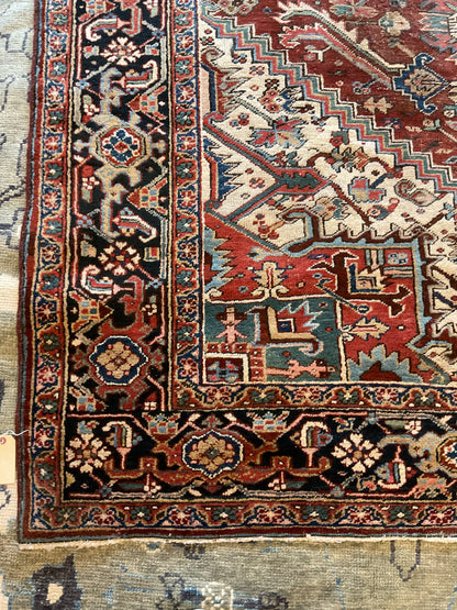 Antique Persian Heriz Rug, 9'5" x 12', in baby blue, ivory, navy and red - photo 2