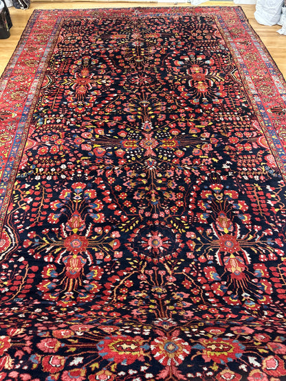 Antique Persian Mehraban Rug, 12'6" x 25', in navy, pink and red