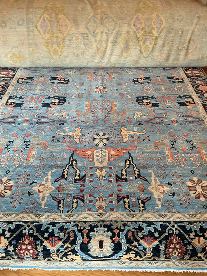 Indian Heritage Heriz Rug, 10' x 14', in baby blue, ivory, navy and rust