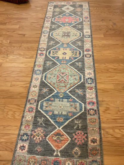 Afghan Oushak Runner, 2'5" x 9'7", in blue, charcoal, ivory and salmon - photo 5