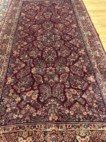 Antique Persian Sarouk Runner, 6'1" x 11'7", in burgundy, ivory, navy and salmon