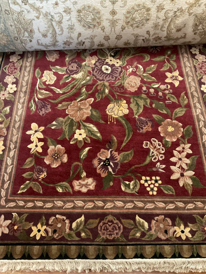 Tibetan Modern Rug, 6' x 8'7", in burgundy, green, ivory and pink
