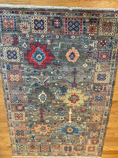 Afghan Mohal Rug, 4' x 5'8", in gold, grey, navy and orange - photo 4