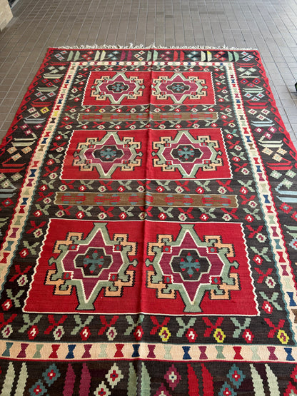Vintage Turkish Bessarabian Kilim, 6'10" x 10', in charcoal, green, ivory and red - photo 4