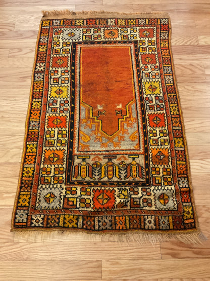 Antique Turkish Anatolian Rug, 2'10" x 4'5", in black, gold, ivory and orange