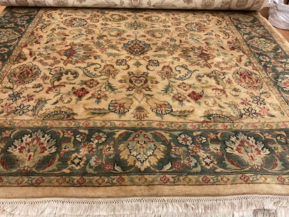 Indian Agra Jaipur Rug, 8' x 10', in beige, gold, green and red