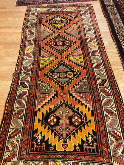 Antique Turkish Kurdish Runner, 3'10" x 8'9", in black, ivory, orange and red - photo 4