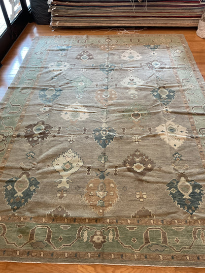 Turkish Oushak Rug, 10'1" x 14', in brown, green, ivory and teal