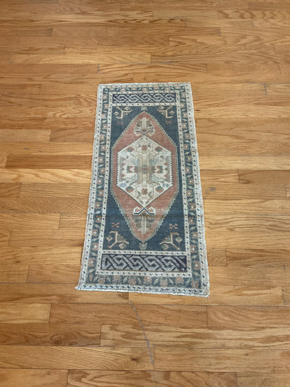 Vintage Turkish Anatolian Rug, 1'9" x 3'7", in grey, ivory, navy and rose