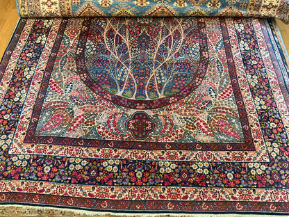 Antique Persian Lavar Kerman Rug, 8'3" x 11'5", in baby blue, green, navy and pink
