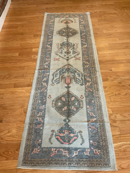 Turkish Oushak Runner, 3' x 9'1", in baby blue, charcoal, grey and pink