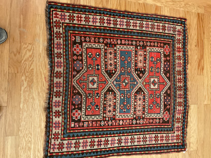 Antique Russian Kazak Rug, 3'8" x 3'9", in black, ivory, salmon and teal